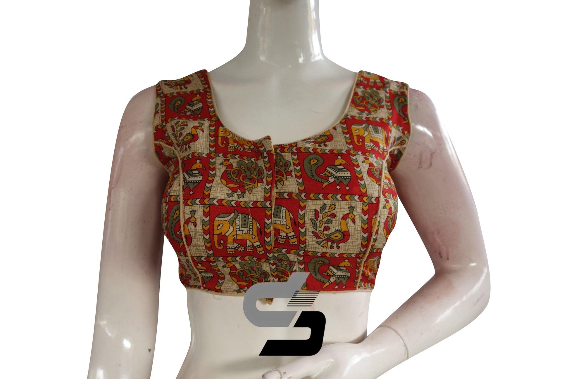 Beige Color Printed silk Sleeveless Readymade saree blouse - D3blouses