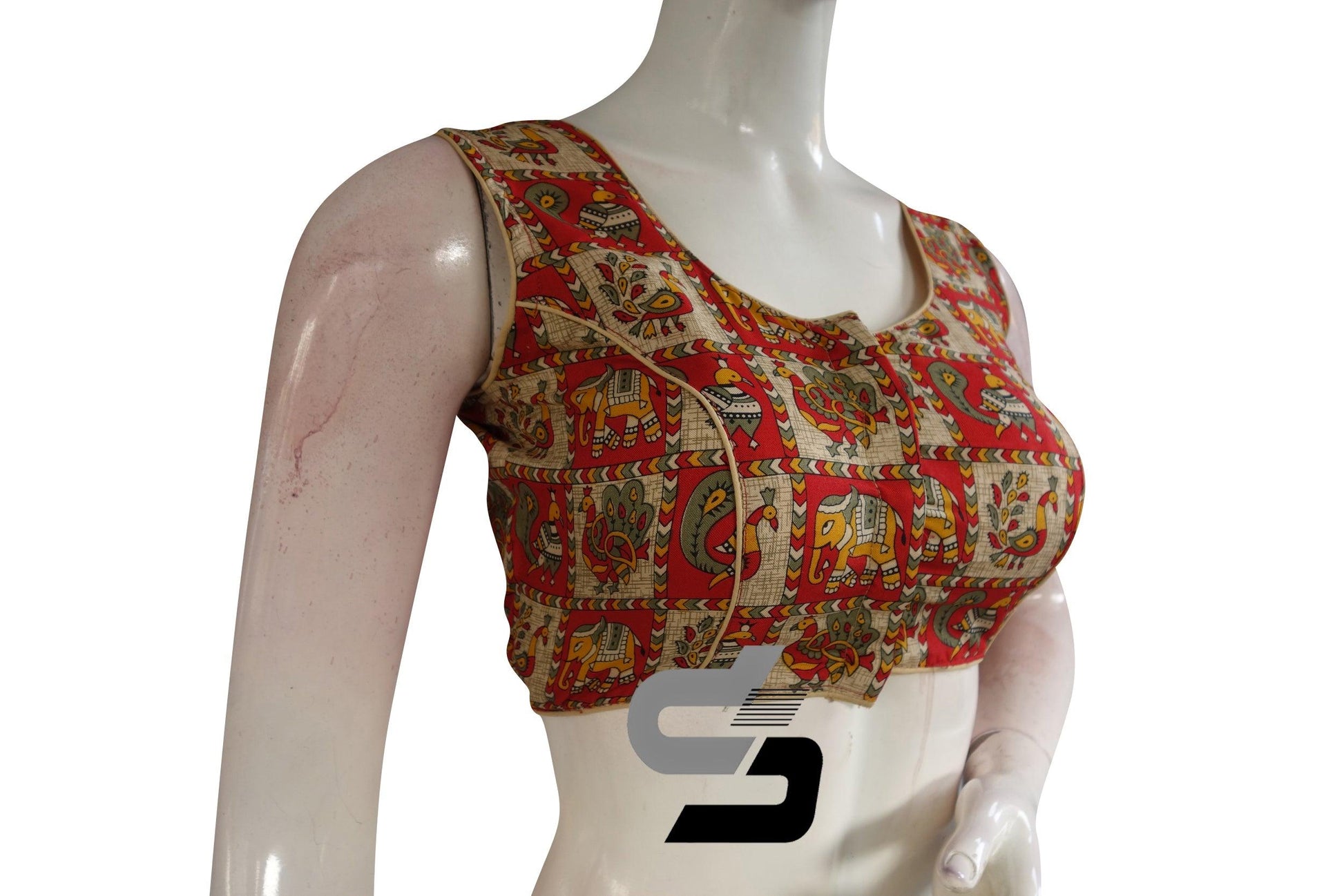 Beige Color Printed silk Sleeveless Readymade saree blouse - D3blouses