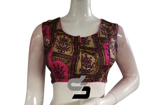 Rani Pink Color Printed silk Sleeveless Readymade saree blouse - D3blouses