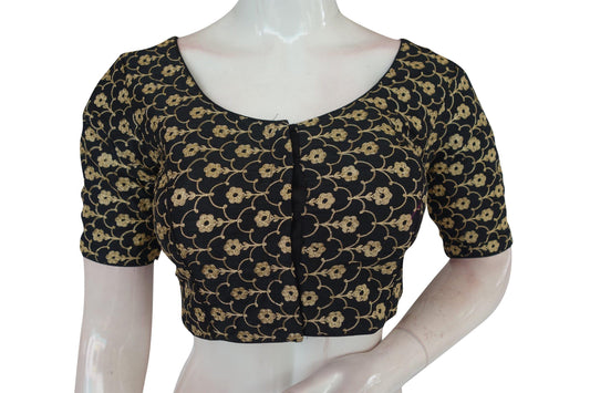 black color semi silk floral embroidery designer blouse