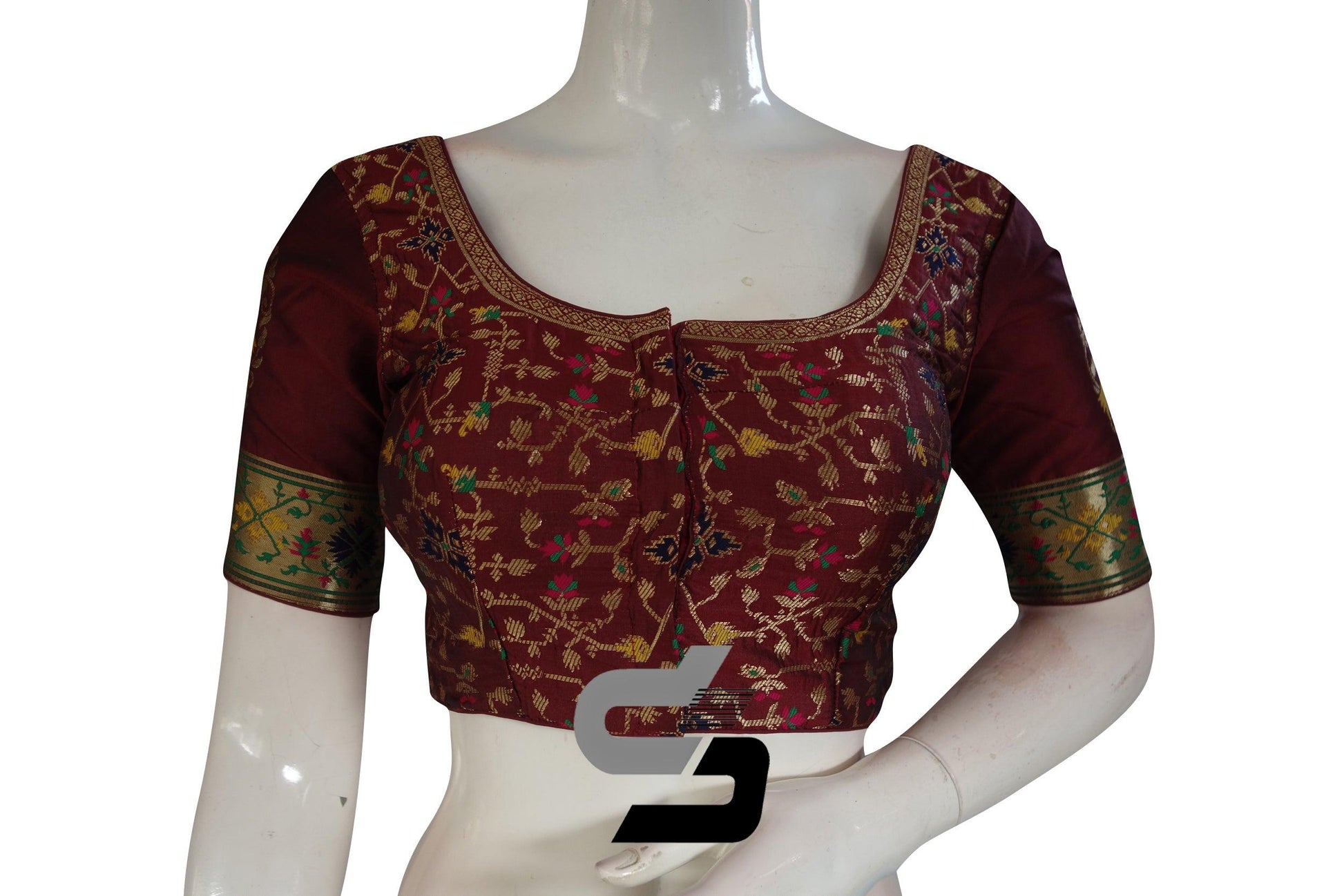 Maroon Color Raw Silk Embossed Embroidery Readymade Saree Blouse With Border Sleeves - D3blouses
