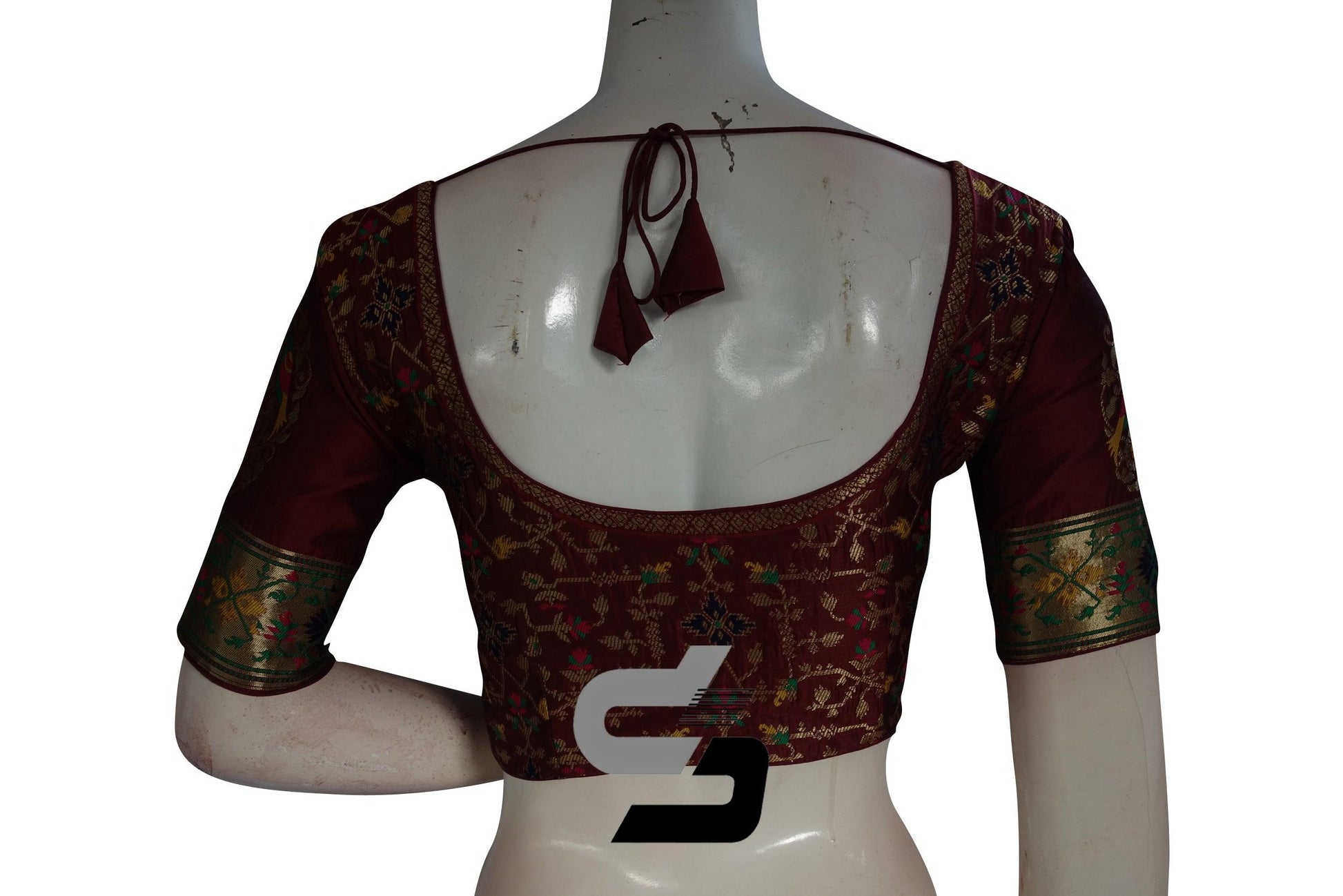 Maroon Color Raw Silk Embossed Embroidery Readymade Saree Blouse With Border Sleeves - D3blouses