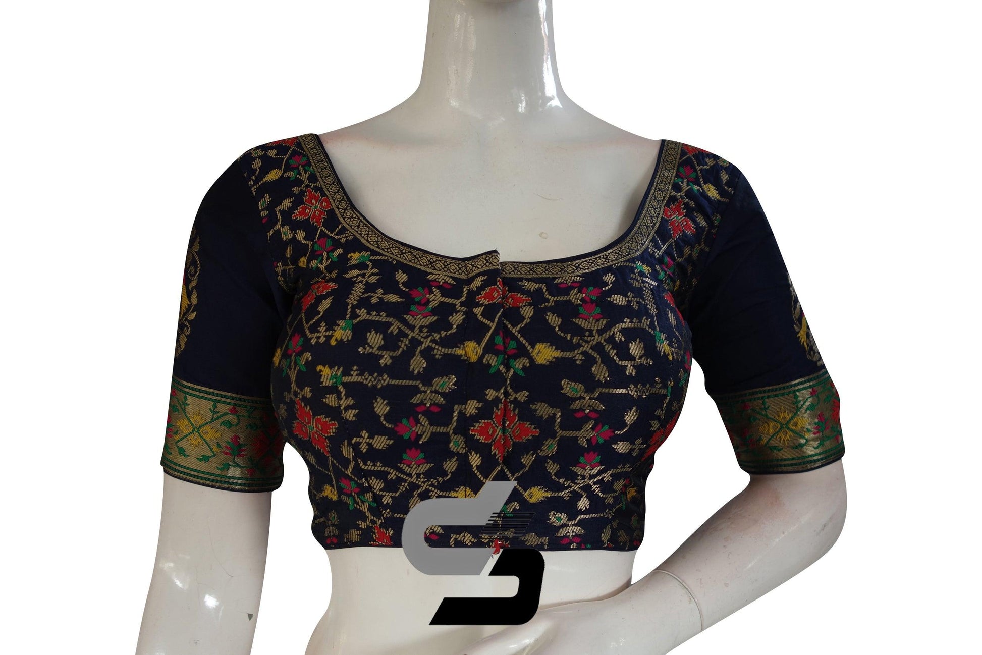 Navy Blue Color Raw Silk Embossed Embroidery Readymade Saree Blouse With Border Sleeves - D3blouses