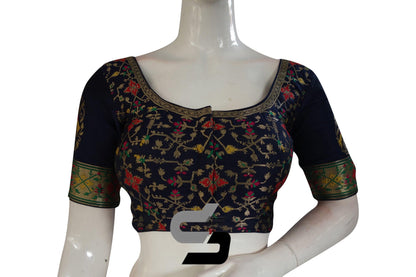 Navy Blue Color Raw Silk Embossed Embroidery Readymade Saree Blouse With Border Sleeves - D3blouses