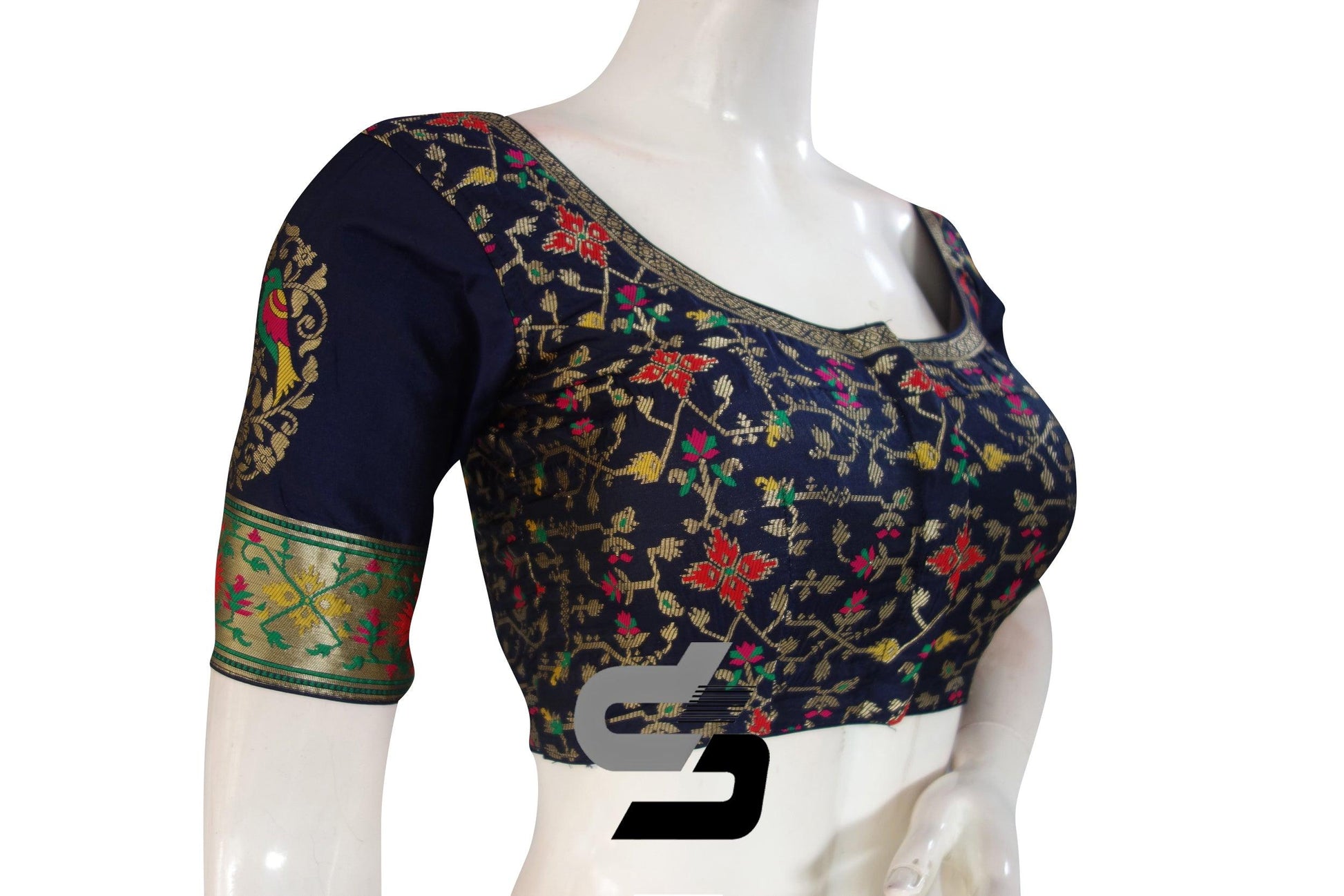 Navy Blue Color Raw Silk Embossed Embroidery Readymade Saree Blouse With Border Sleeves - D3blouses