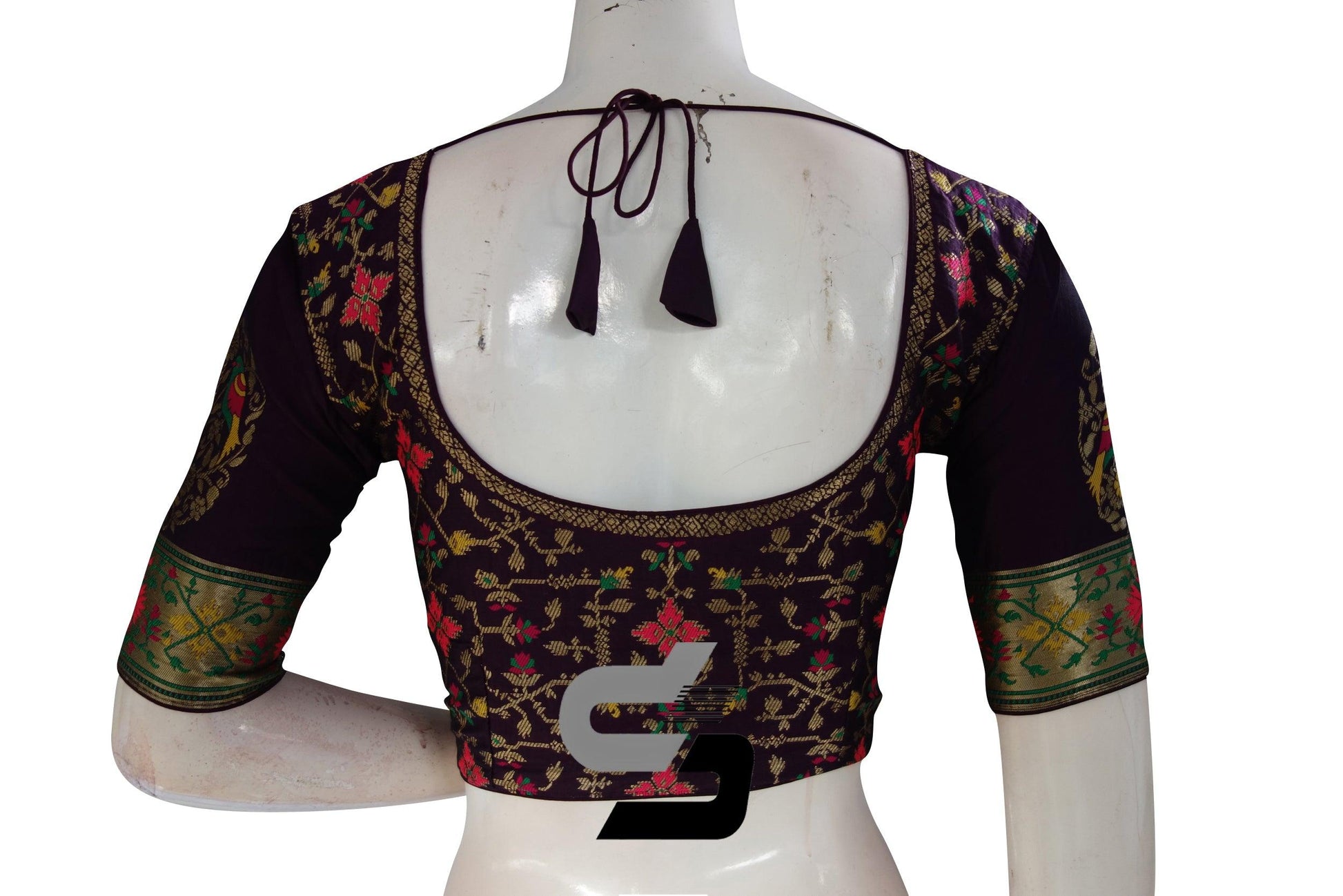 Dark Purple Color Raw Silk Embossed Embroidery Readymade Saree Blouse With Border Sleeves - D3blouses