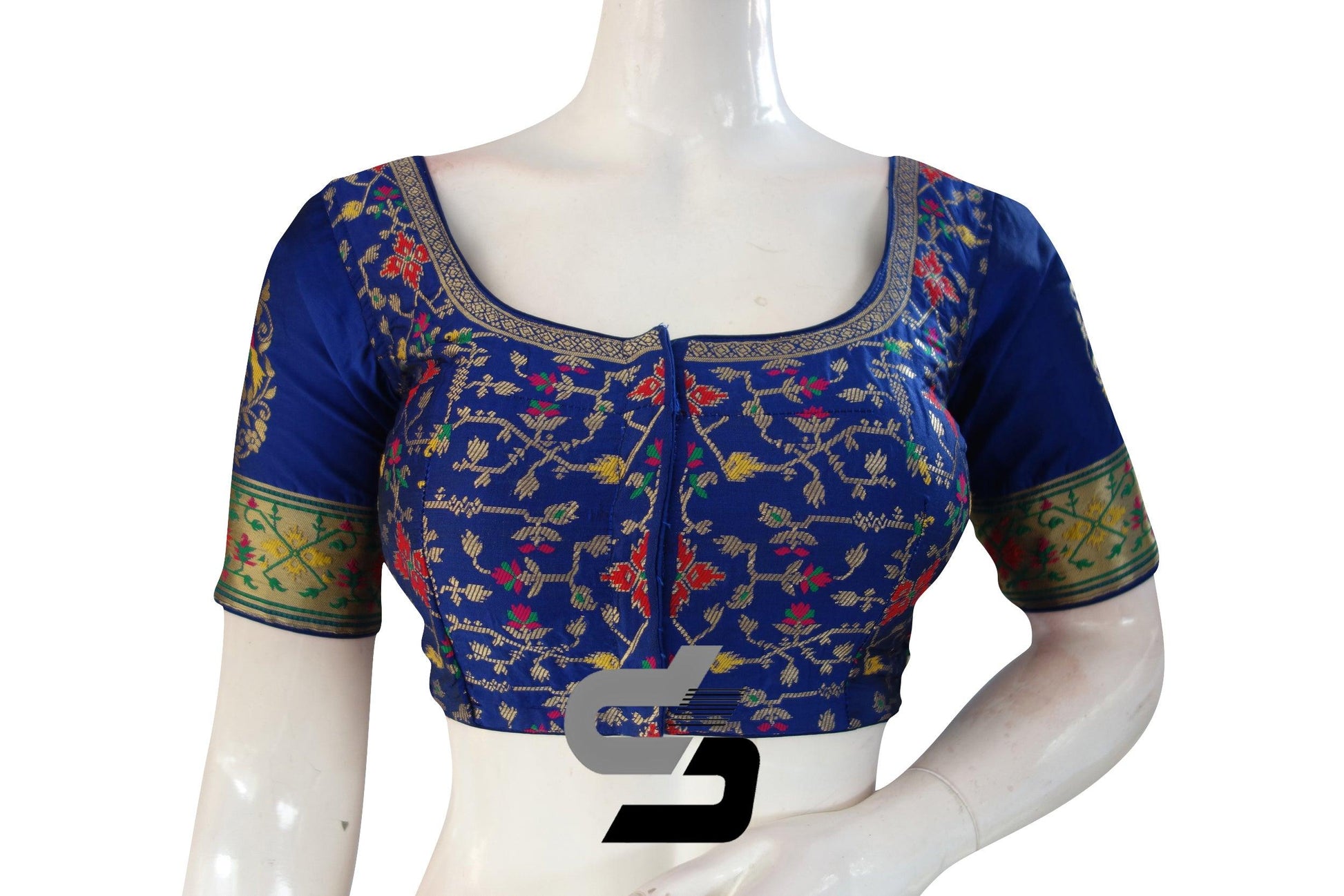 Royal Blue Color Raw Silk Embossed Embroidery Readymade Saree Blouse With Border Sleeves - D3blouses
