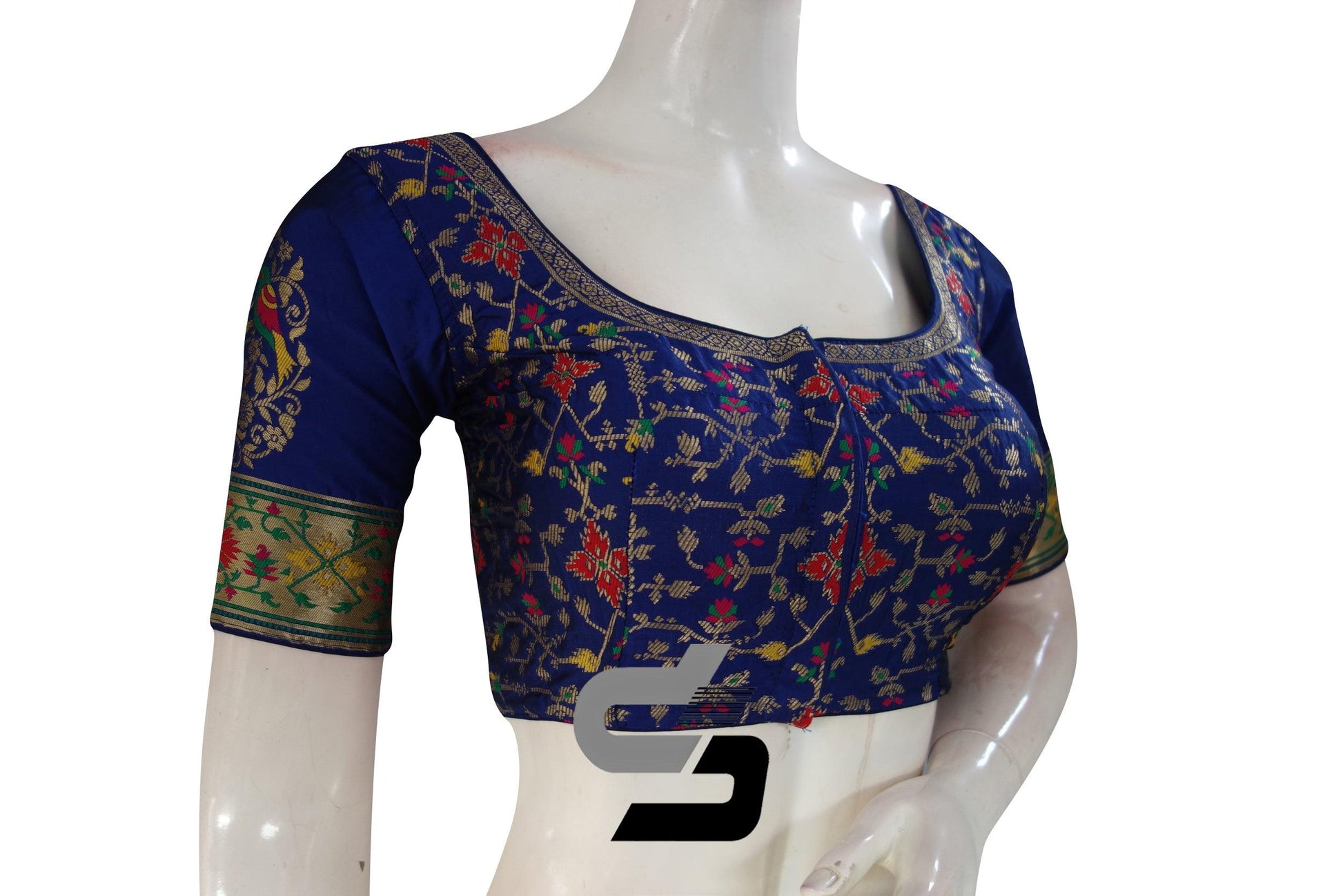 Royal Blue Color Raw Silk Embossed Embroidery Readymade Saree Blouse With Border Sleeves - D3blouses