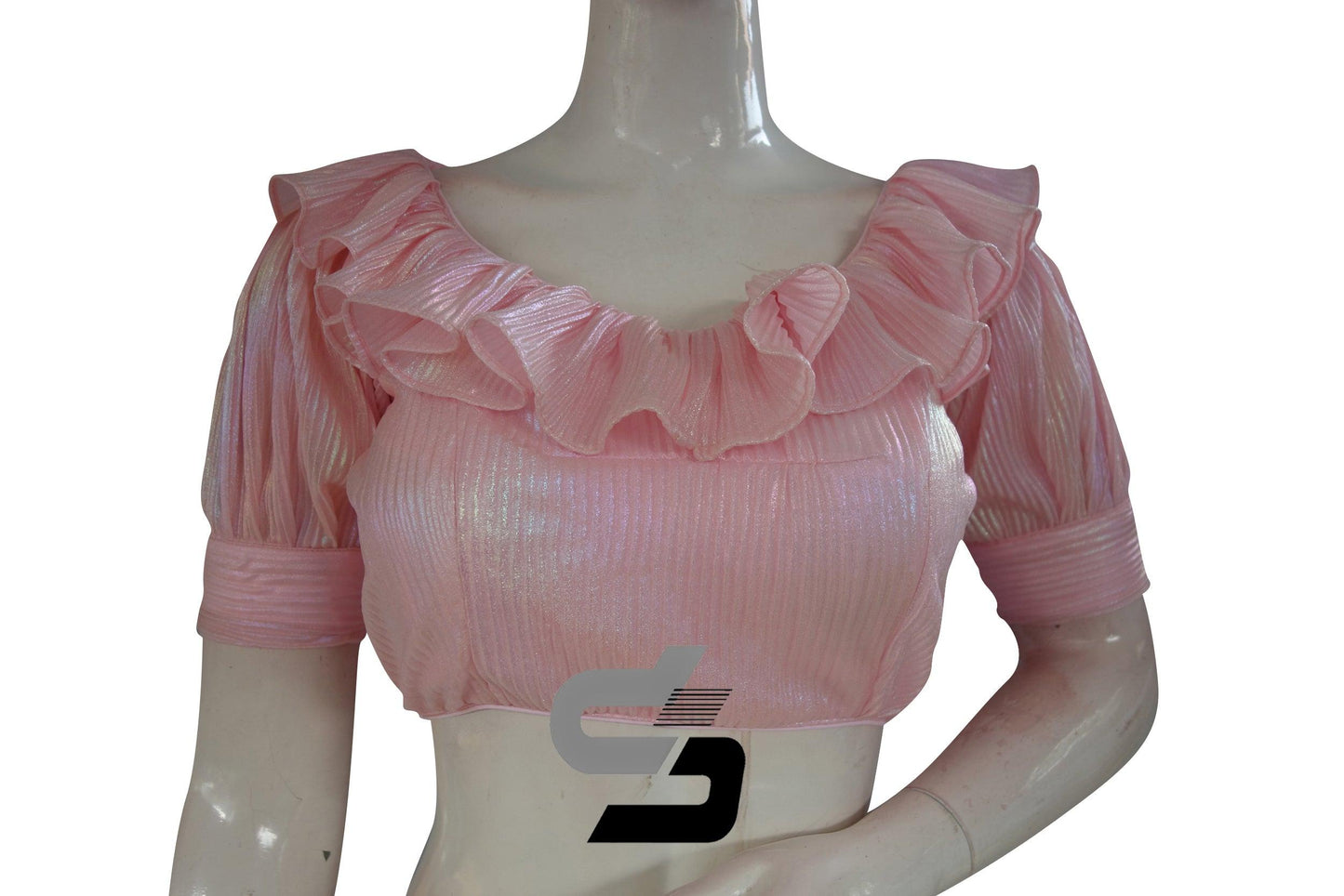 Pastel Pink Color Pre-Pleated Fabric With Frill Neckline and Puff Sleeves Readymade Saree Blouse