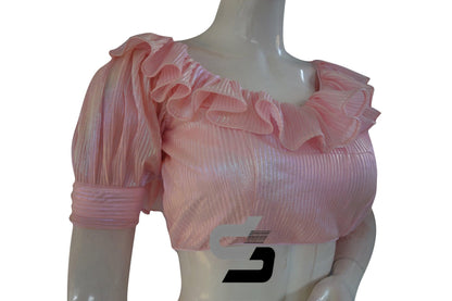 Pastel Pink Color Pre-Pleated Fabric With Frill Neckline and Puff Sleeves Readymade Saree Blouse