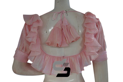 Pastel Pink Pre-Pleated Saree Blouse: Frill Neckline, Puff Sleeves - D3blouses