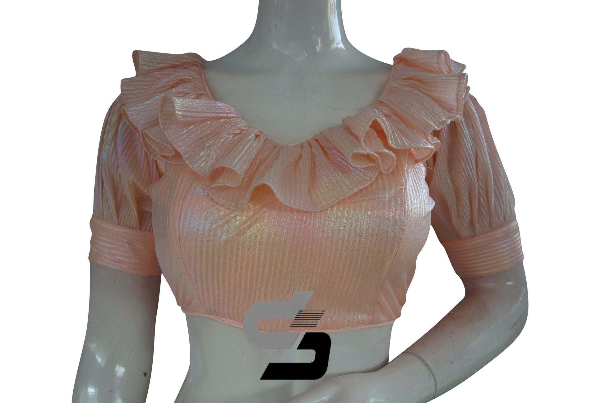 Light Peach Color Pre-Pleated Fabric With Frill Neckline and Puff Sleeves Readymade Saree Blouse - D3blouses
