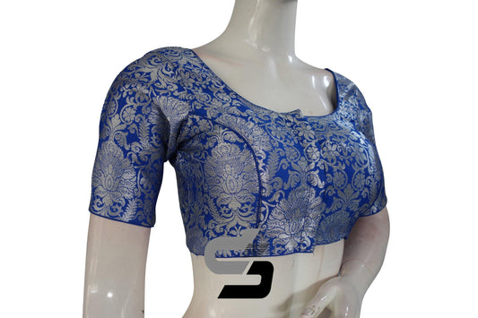 Royal Blue Color Silver Mix Banaras Brocade Designer Readymade Saree Blouses. - D3blouses