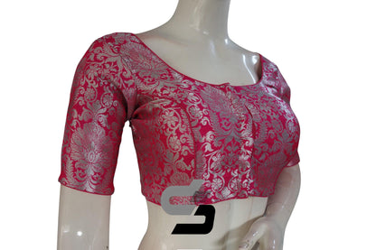 Rani Pink Color Silver Mix Banaras Brocade Designer Readymade Saree Blouses. - D3blouses