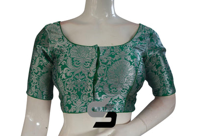 Green Color Silver Mix Banaras Brocade Designer Readymade Saree Blouses. - D3blouses