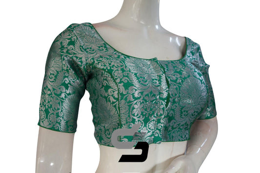 Green Color Silver Mix Banaras Brocade Designer Readymade Saree Blouses. - D3blouses