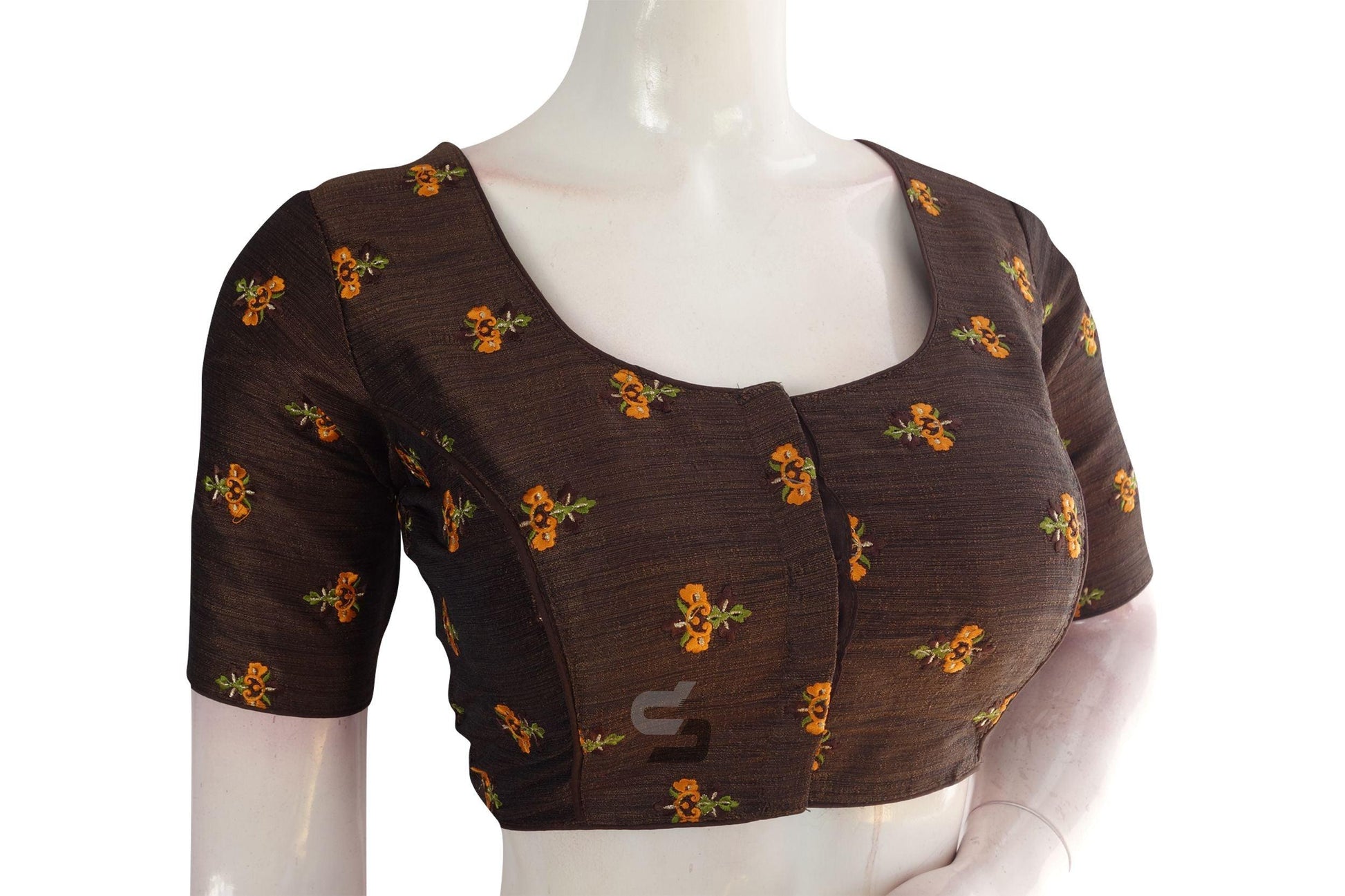 Brown Color Floral Embroidery Readymade Saree Blouse - D3blouses