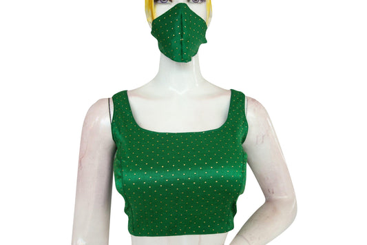 green color semi silk designer readymade blouse with face mask