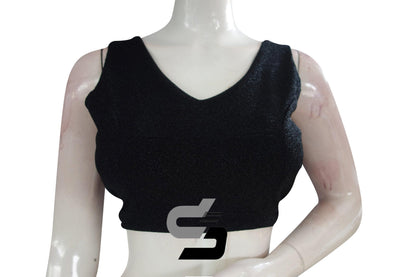 Black Color Sleeveless Knit Designer Readymade Saree Blouse With V-Neck - D3blouses