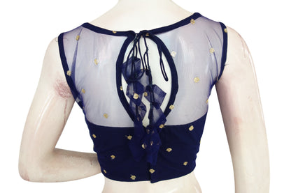blue color floral organza netted designer blouse with tassels 1