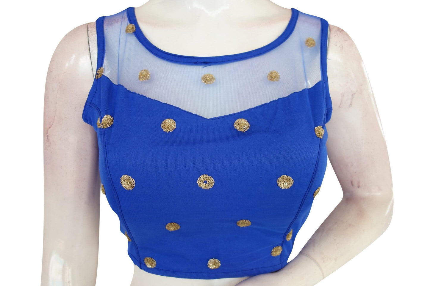 blue color floral organza netted designer blouse with tassels
