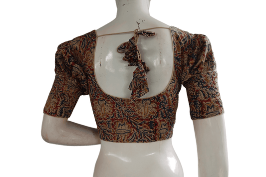 Kalamkari Readymade Saree Blouse With Puff Sleeves, Kalamkari Designer Blouse - D3blouses