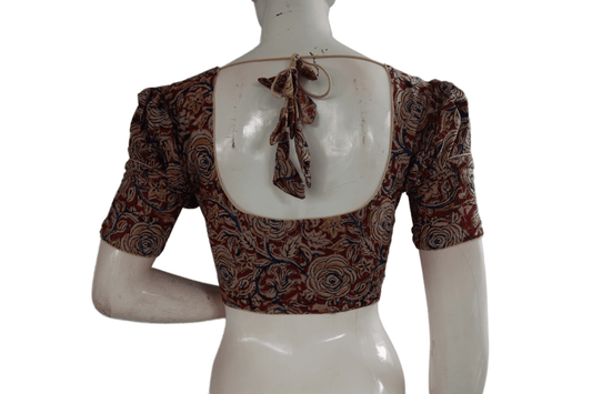 Kalamkari Readymade Saree Blouse With Puff Sleeves, Kalamkari Designer Blouse - D3blouses