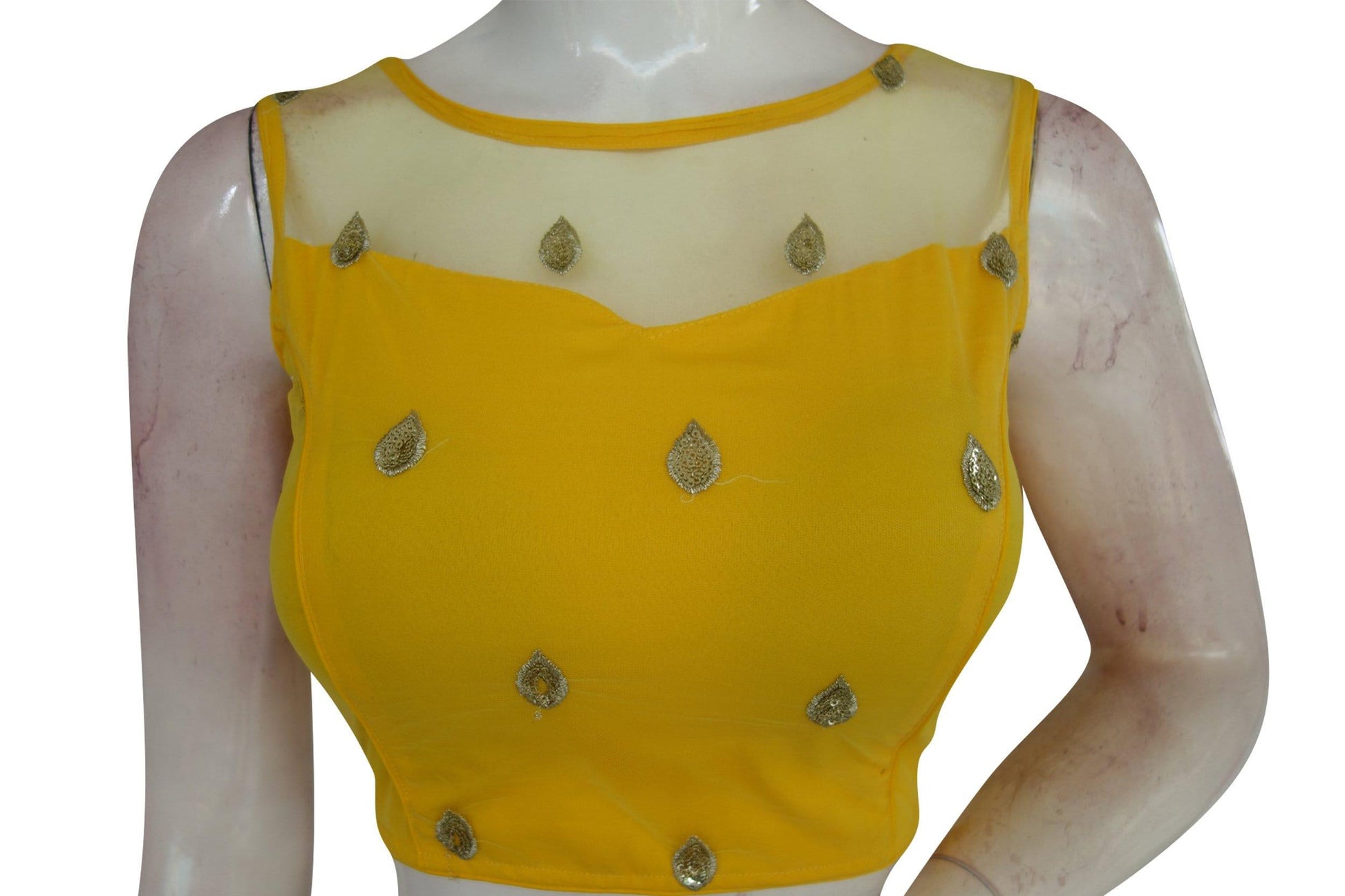 yellow color floral organza netted designer blouse with tassels