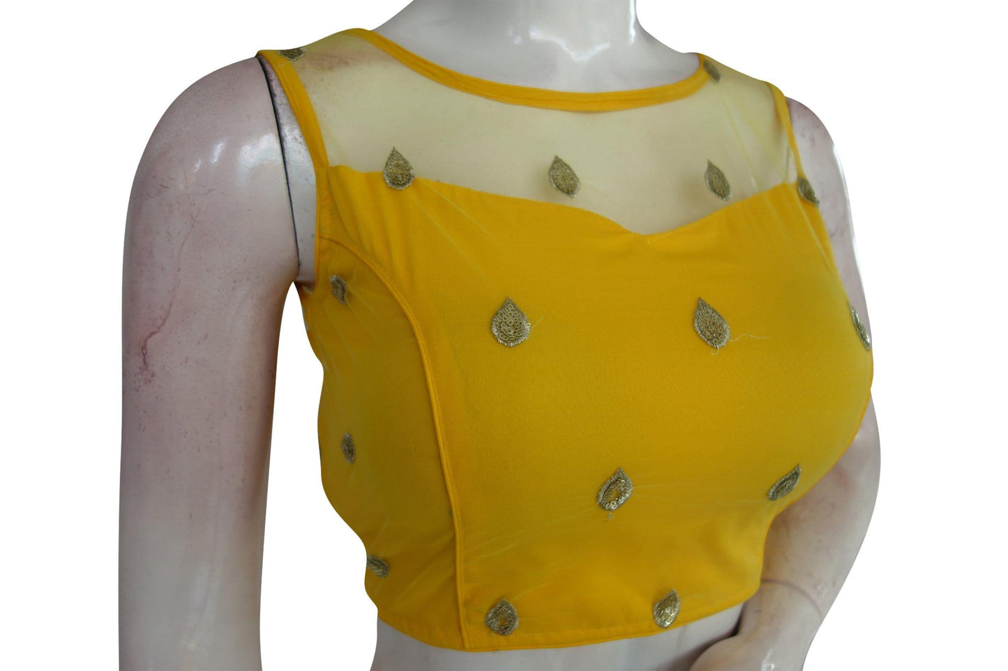 yellow color floral organza netted designer blouse with tassels