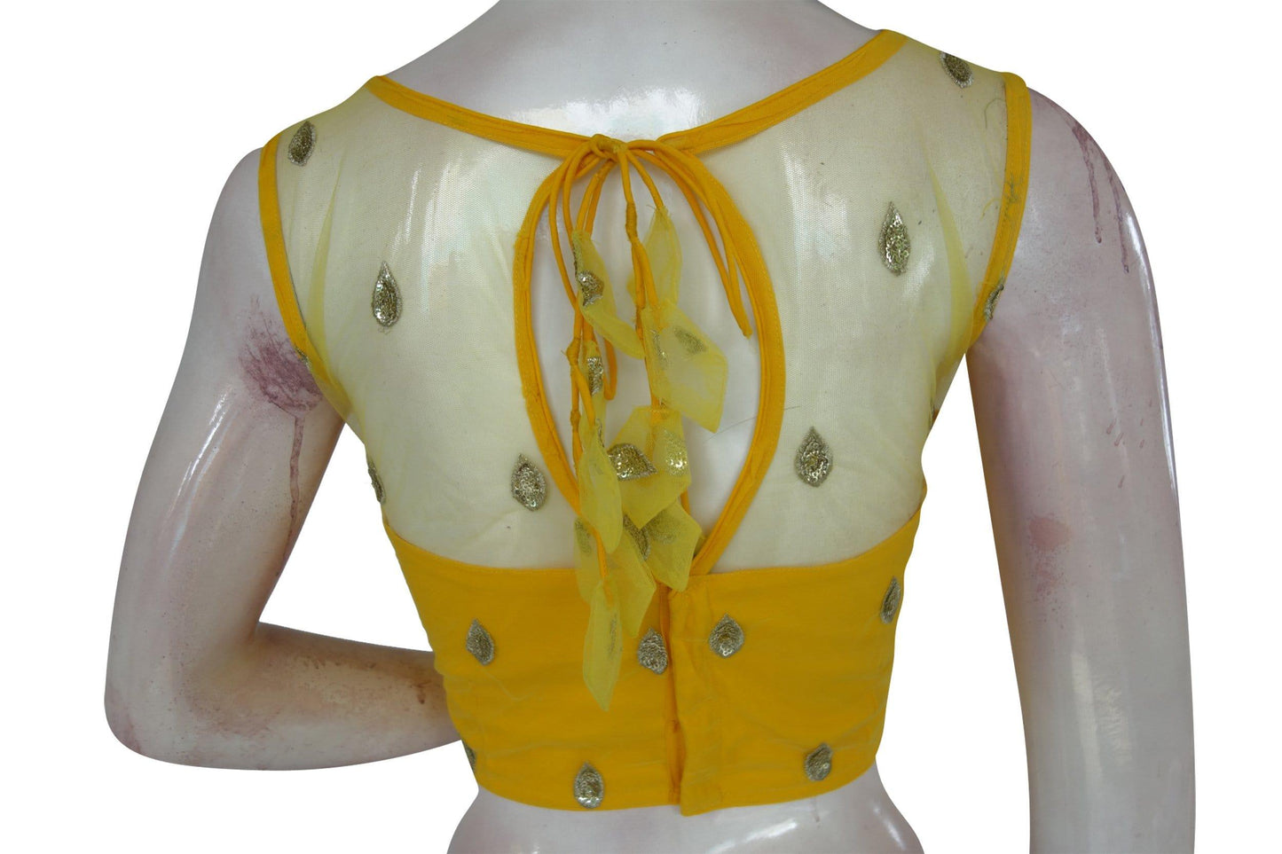 yellow color floral organza netted designer blouse with tassels