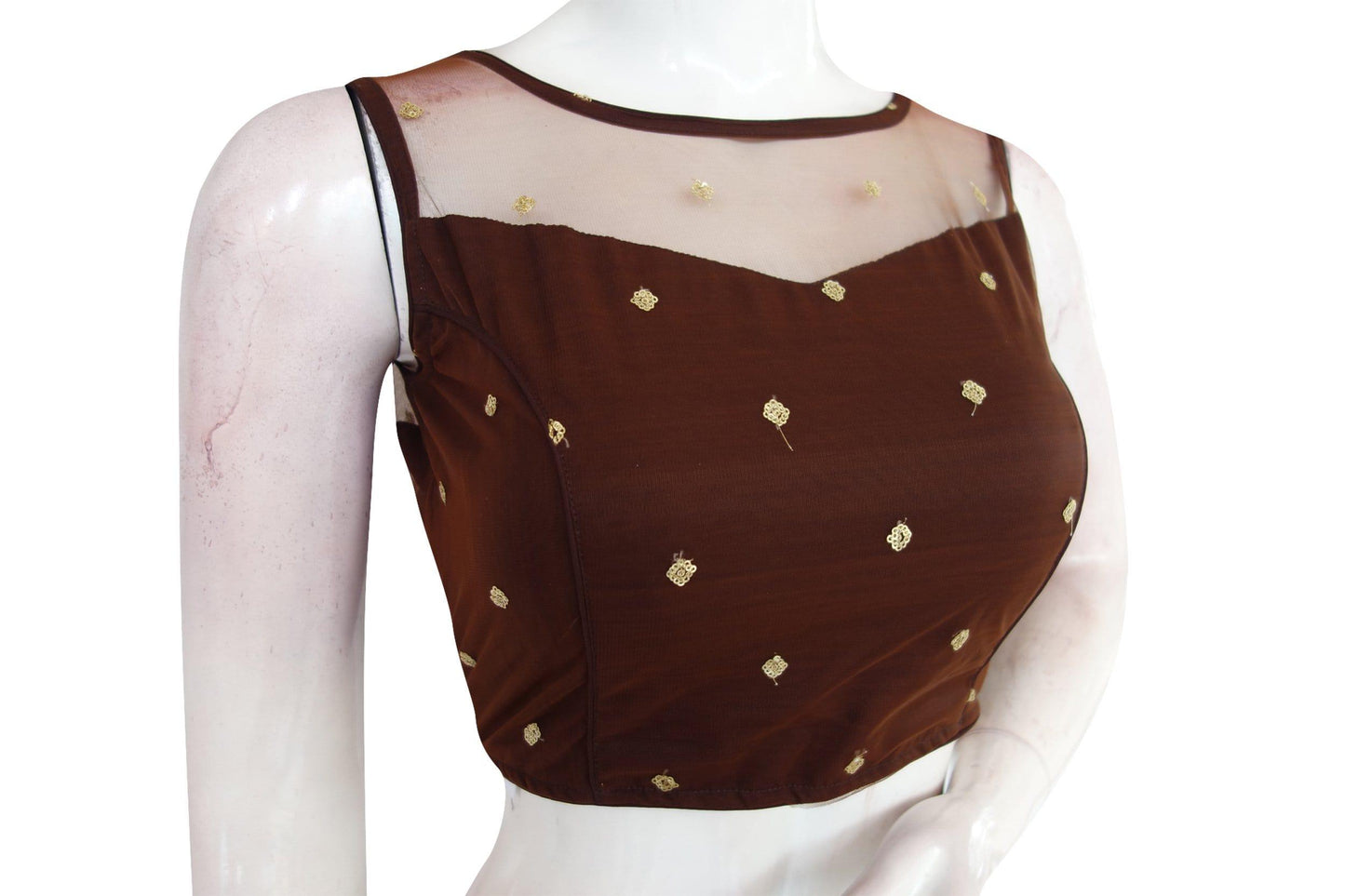 brown color floral organza netted designer blouse with tassels