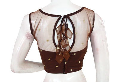 brown color floral organza netted designer blouse with tassels
