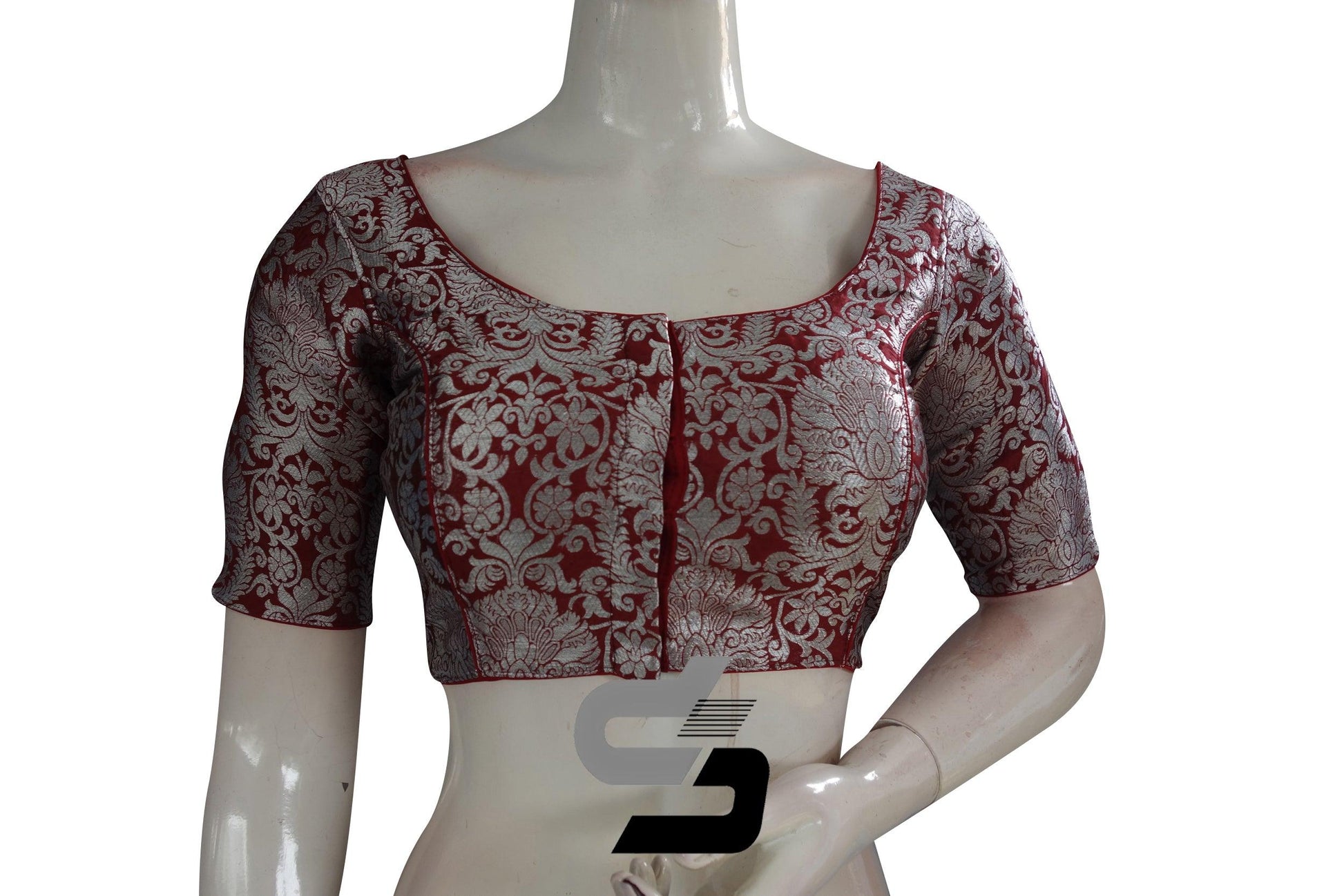 Maroon Color Silver Mix Banaras Brocade Designer Readymade Saree Blouses. - D3blouses