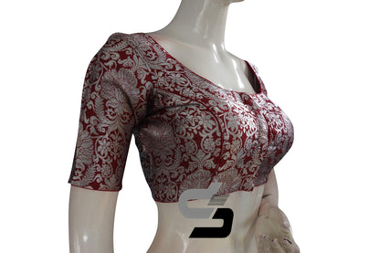 Maroon Color Silver Mix Banaras Brocade Designer Readymade Saree Blouses. - D3blouses