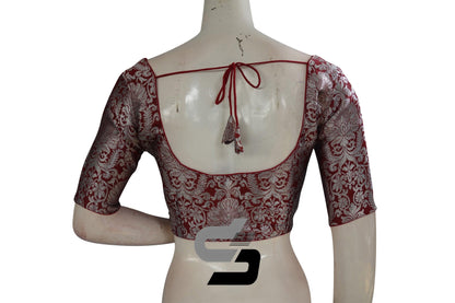 Maroon Color Silver Mix Banaras Brocade Designer Readymade Saree Blouses. - D3blouses