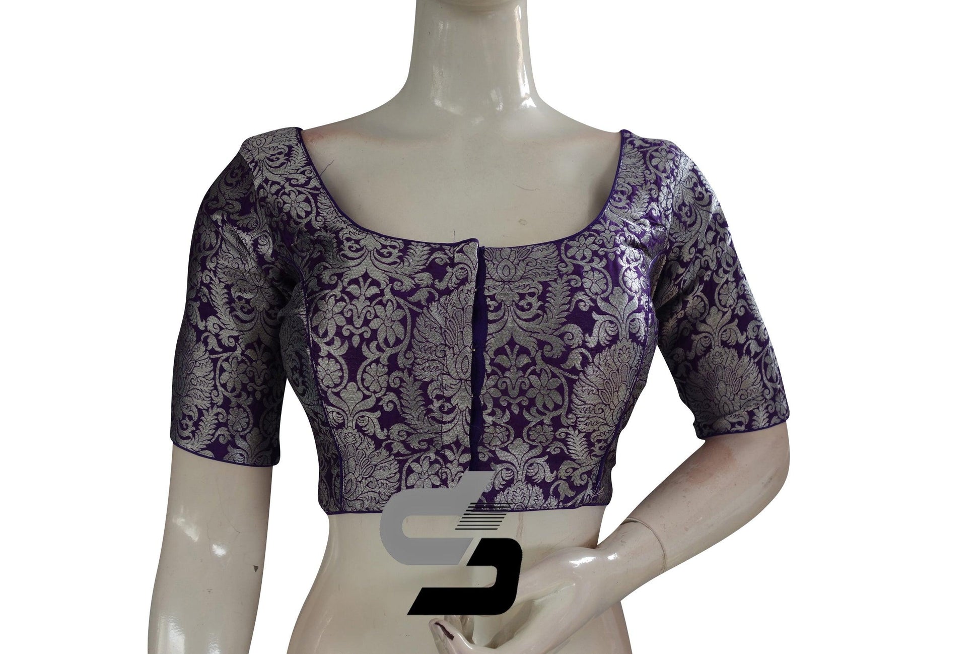 Purple Color Silver Mix Banaras Brocade Designer Readymade Saree Blouses. - D3blouses