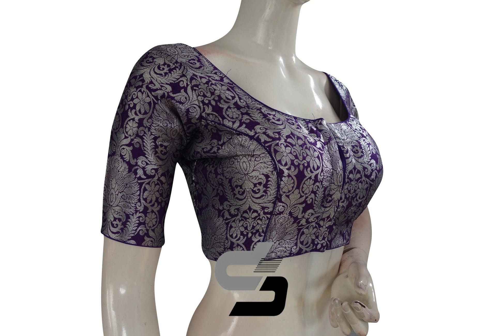 Purple Color Silver Mix Banaras Brocade Designer Readymade Saree Blouses. - D3blouses