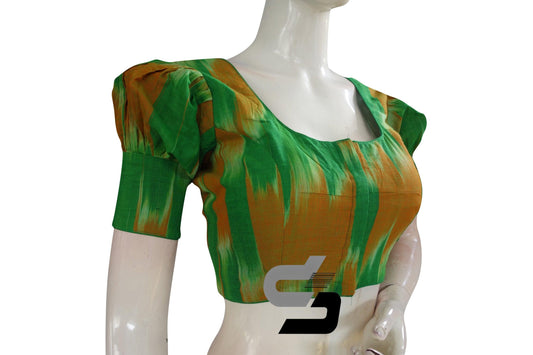 Green Color Ikkat Cotton Designer Blouse With Puff Sleeves - D3blouses