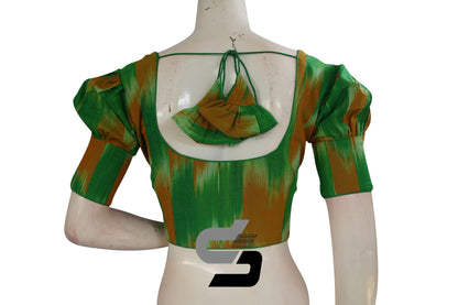 Green Color Ikkat Cotton Designer Blouse With Puff Sleeves - D3blouses