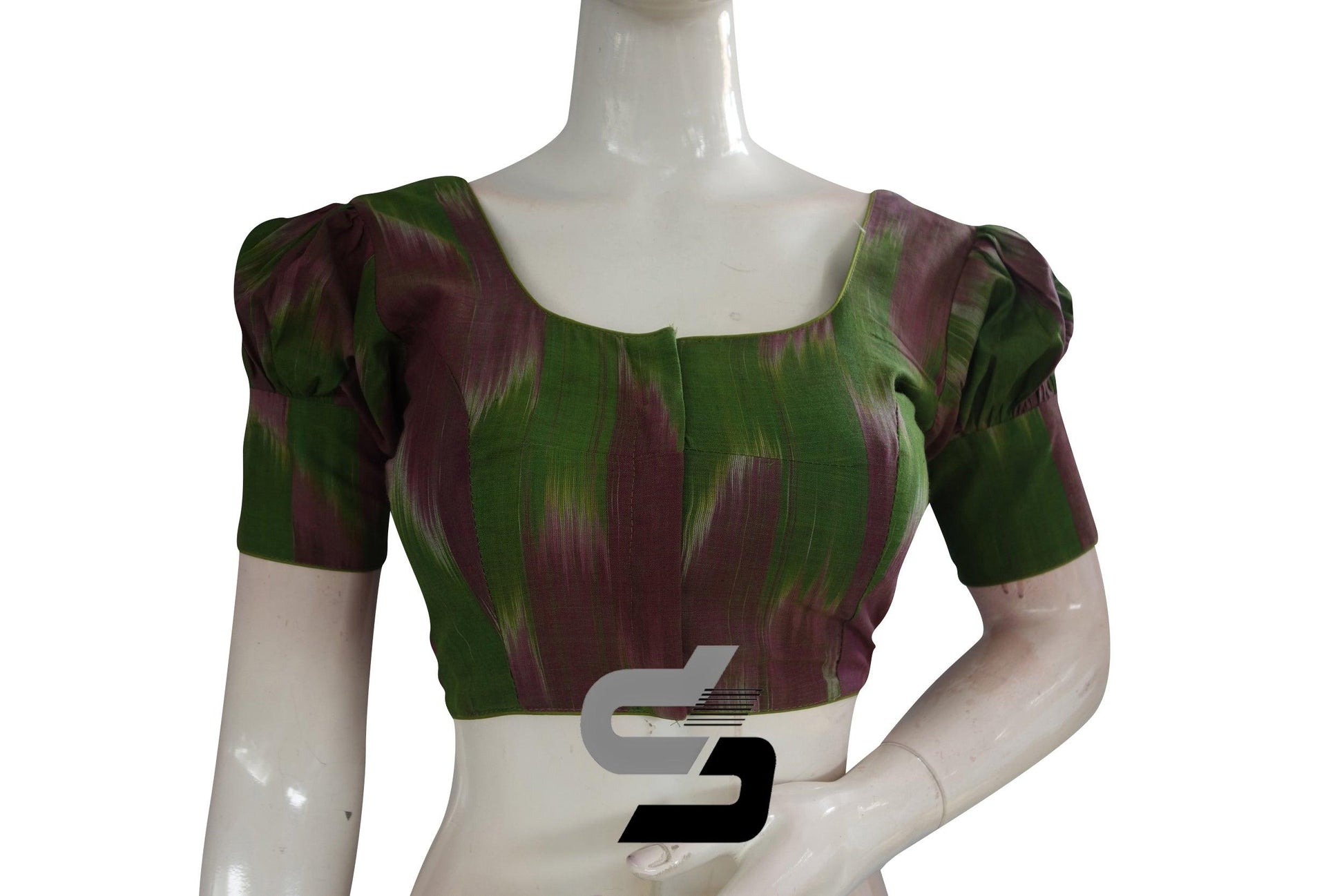 Green Color Ikkat Cotton Designer Blouse With Puff Sleeves - D3blouses