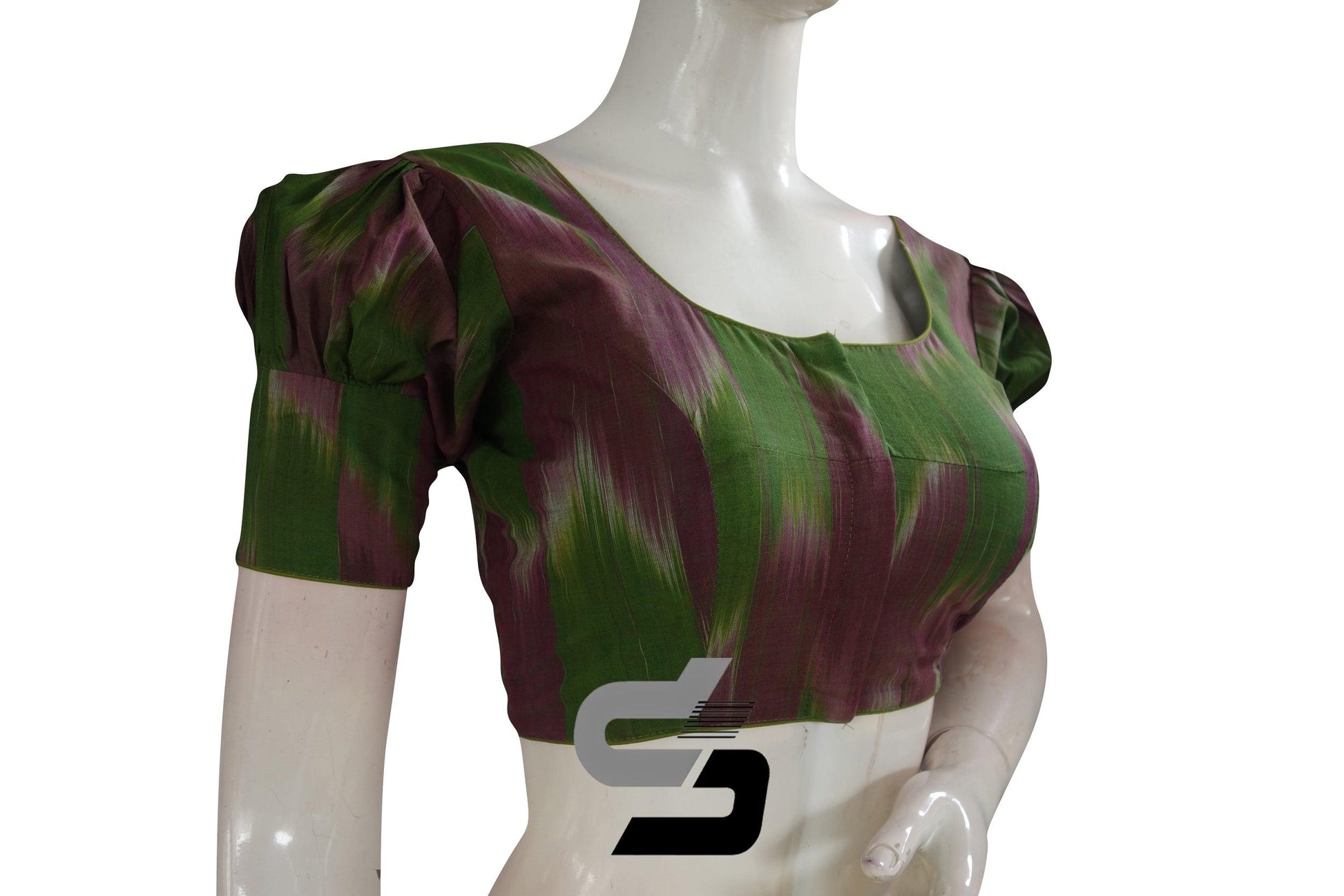Green Color Ikkat Cotton Designer Blouse With Puff Sleeves - D3blouses