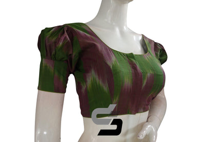 Green Color Ikkat Cotton Designer Blouse With Puff Sleeves - D3blouses