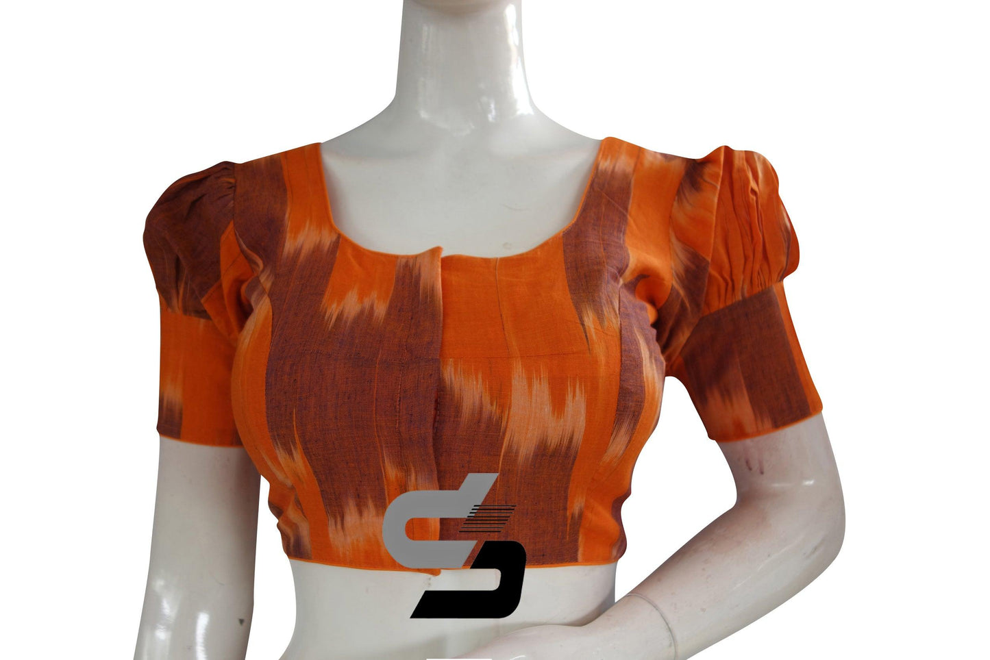 Orange Color Ikkat Cotton Designer Blouse With Puff Sleeves - D3blouses