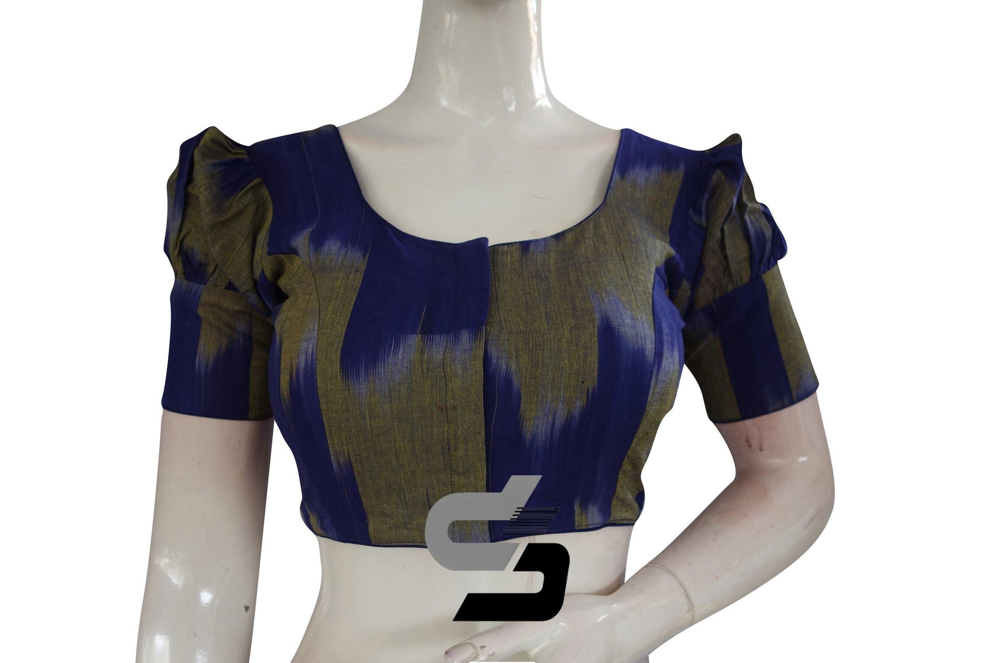 Blue Color Ikkat Cotton Designer Blouse With Puff Sleeves - D3blouses