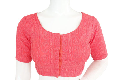 peach color chikankari embroidery readymade saree blouse