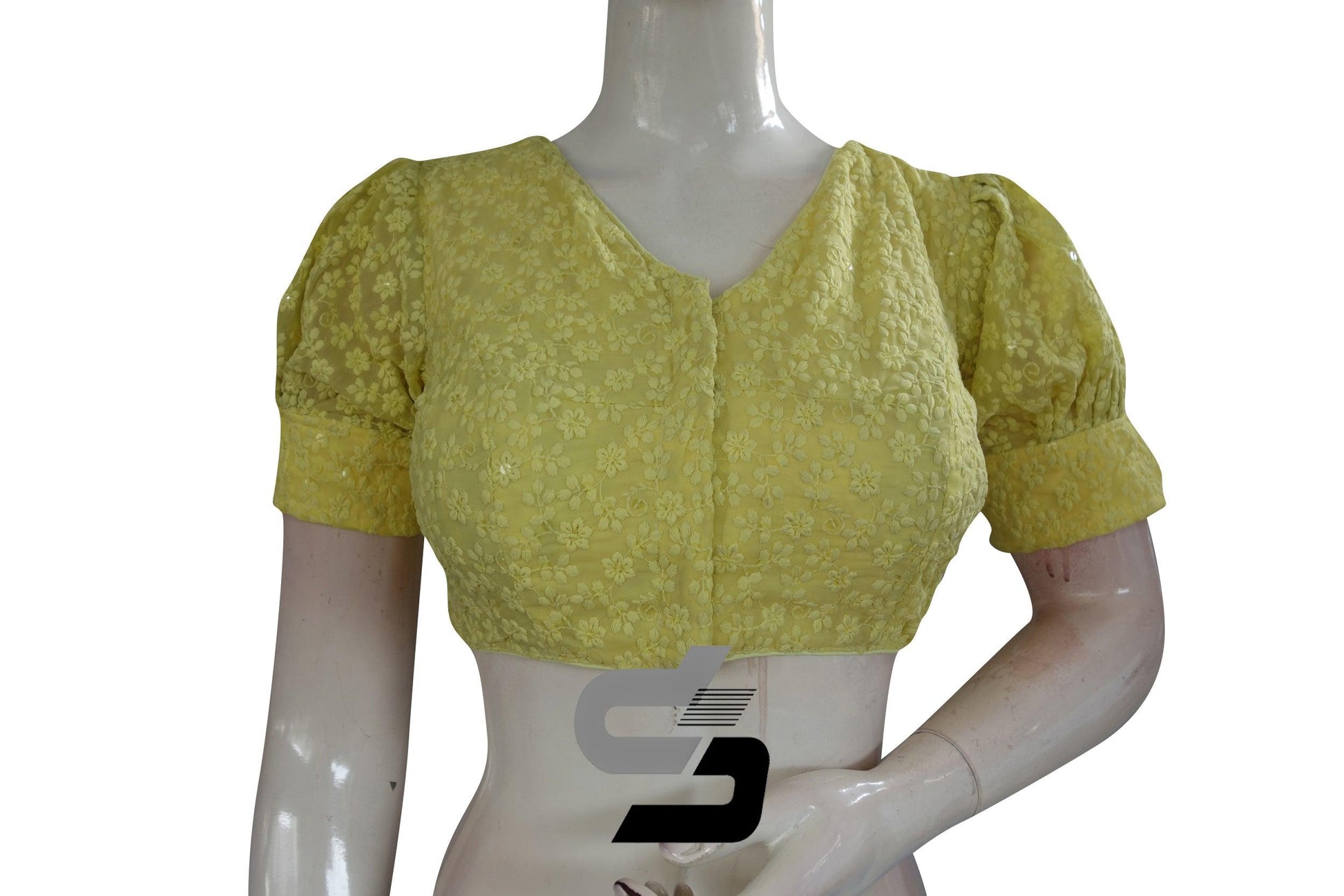 Yellow Color High Neck Chikankari Designer Readymade Saree Blouses With Puff Sleeves - D3blouses