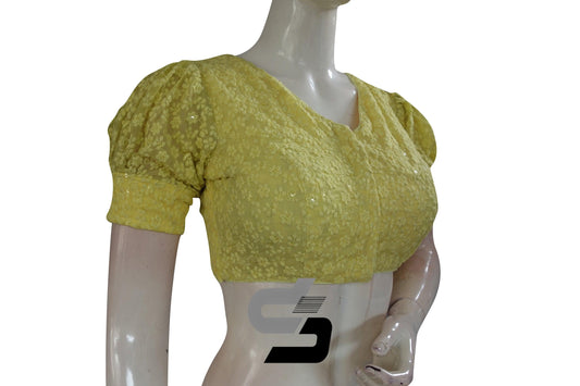 Yellow Color High Neck Chikankari Designer Readymade Saree Blouses With Puff Sleeves - D3blouses