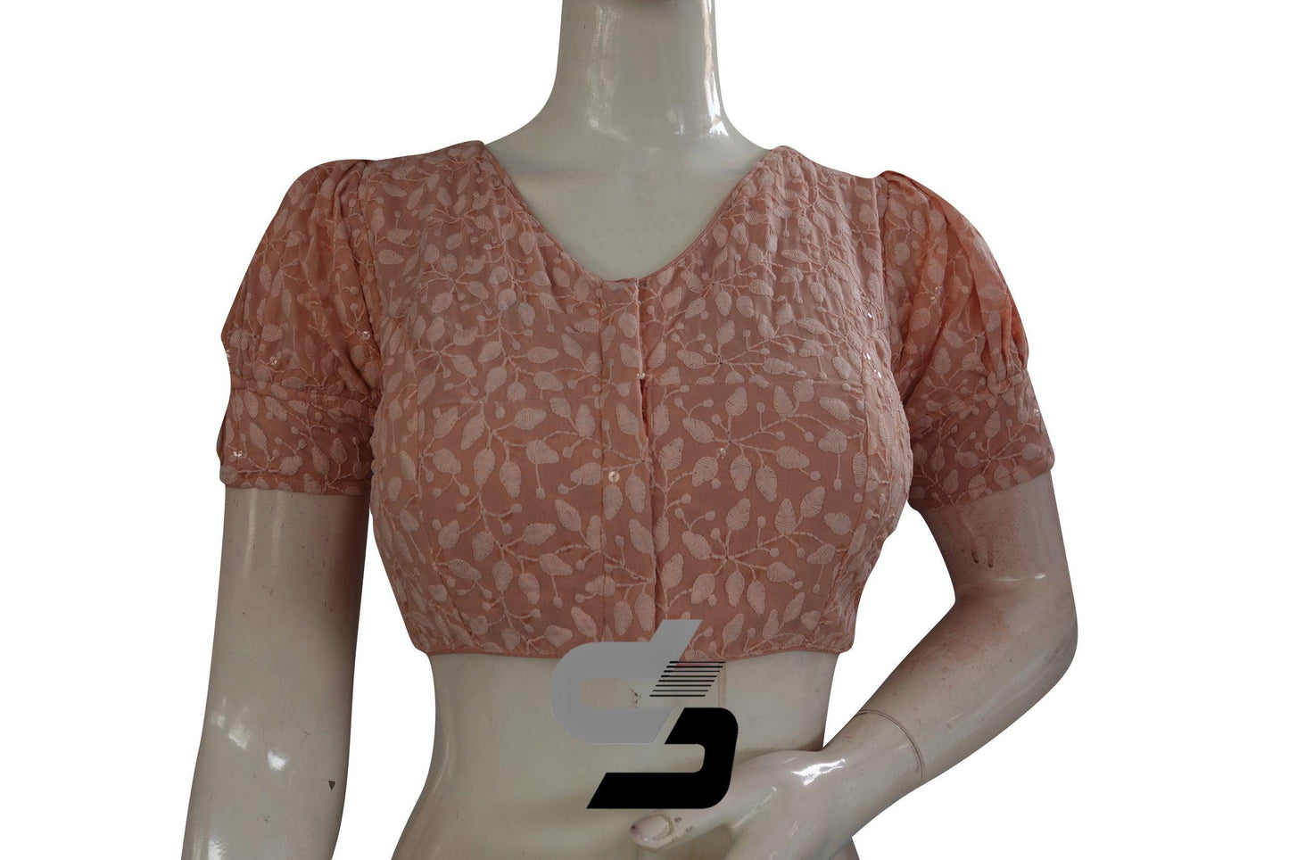 Peach Color High Neck Chikankari Designer Readymade Saree Blouses With Puff Sleeves - D3blouses