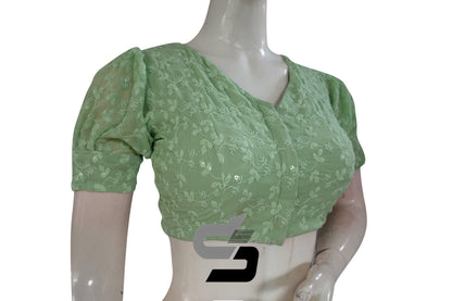 Pastel Green Color High Neck Chikankari Designer Readymade Saree Blouses With Puff Sleeves - D3blouses