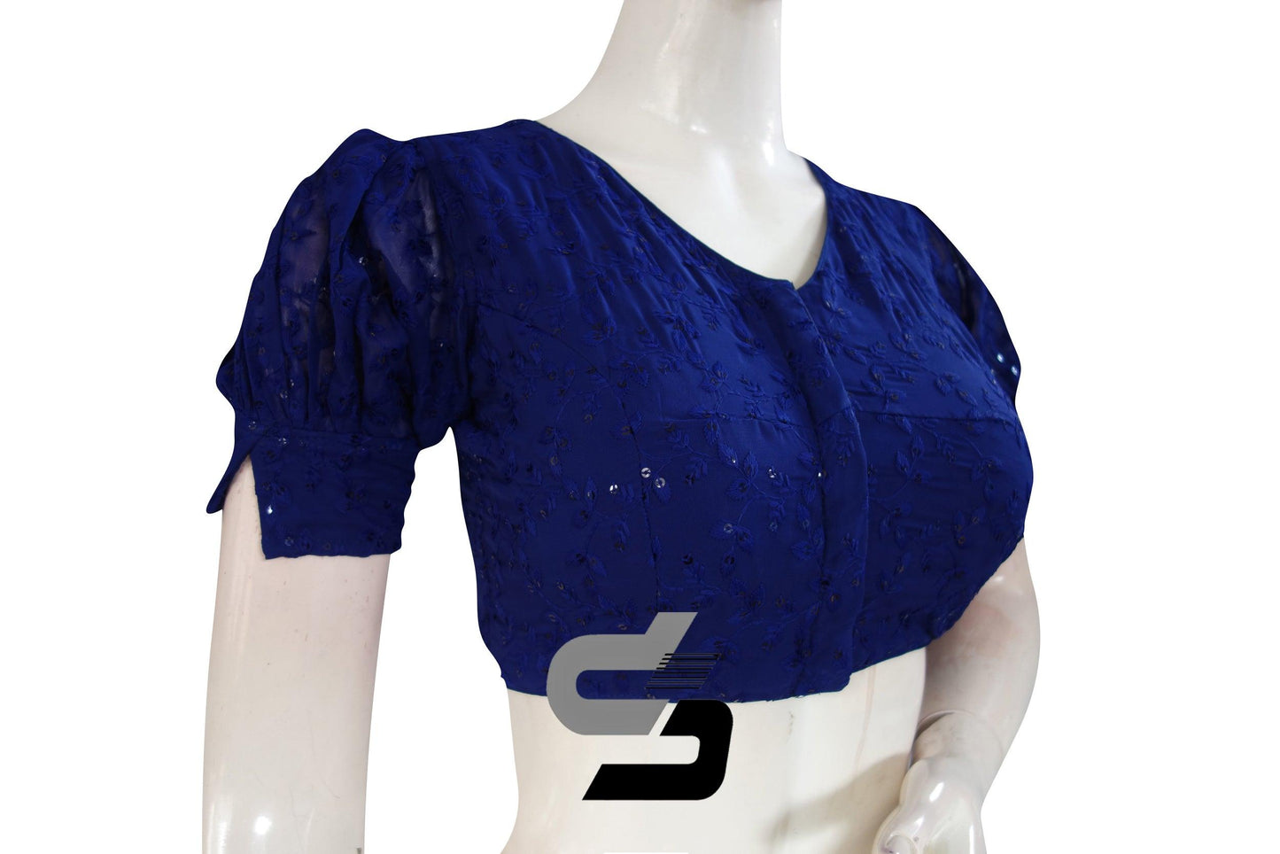 Royal Blue Color High Neck Chikankari Designer Readymade Saree Blouses With Puff Sleeves - D3blouses